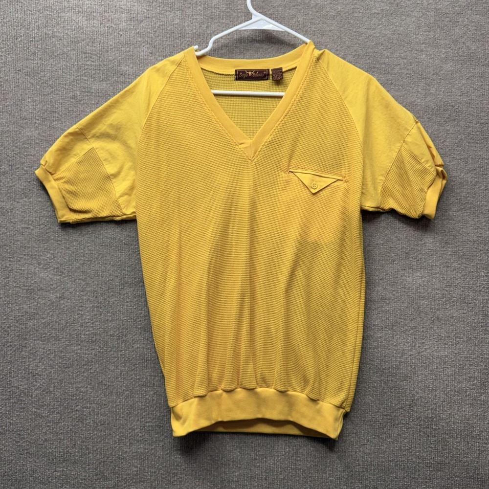 Sergio Valente Shirt Mens Large Yellow V Neck Knit Pocket Tee Vintage 80s Korea